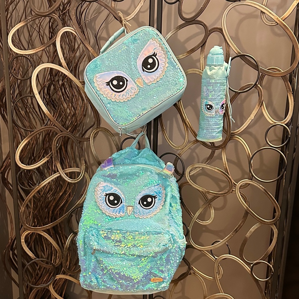 Justice Glittery Owl Backpack and Lunchbox Set - Blue and Pink